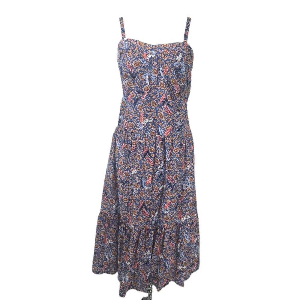 Knox Rose XS Midi Dress Blue Floral Cotton Boho Peasant With Pockets & Lined